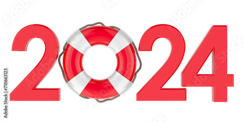 2024 with lifebuoy, 3D rendering isolated on transparent background