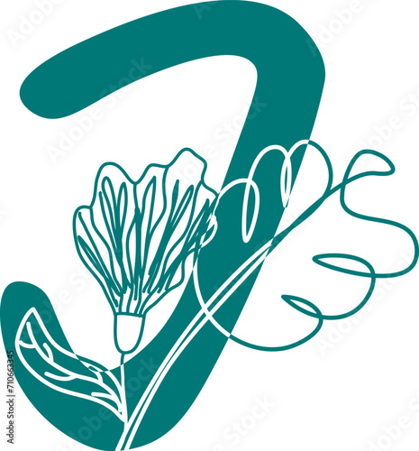 Stylized typography with capital letter I isolated initial design element and outline flower decoration vector