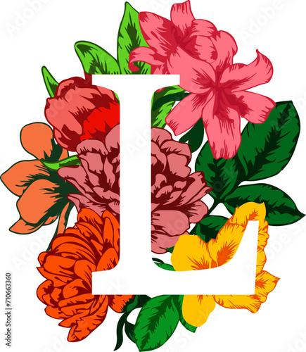 Stylized typography with capital letter L isolated monogram design element peony and lily flower decoration vector
