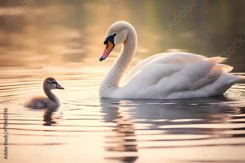 A baby swan swimming gracefully alongside its parent on a serene lake.