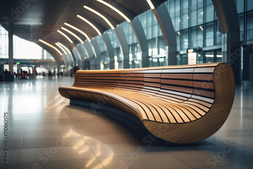 A curved wooden bench, modern in design, situated close to the airport. photo