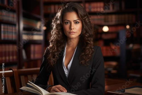 beautiful woman lawyer smiling in the library with many books around © YamunaART