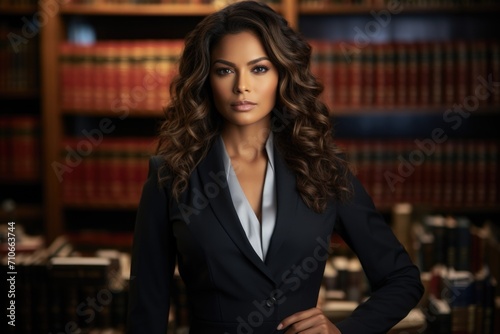 beautiful woman lawyer smiling in the library with many books around