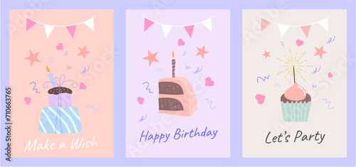 Simple sweet set of hand drawn doodle illustrations for birthday greeting cards, party, birthday, web, banners, celebration material. Collection of postcards with cakes, candles and lettering