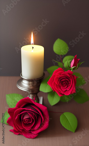 Burning candles and flowers on table against black background