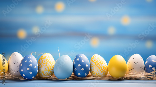 Colorful easter eggs collection on wooden background. Spring wooden yellow and blue background. Easter card with free space for text