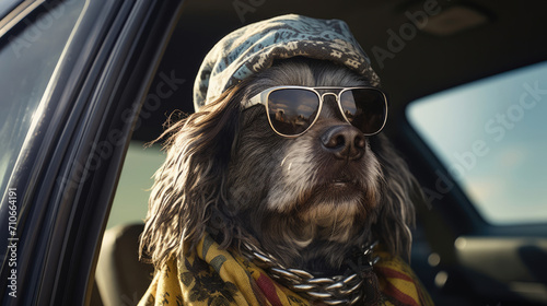 A hiphop hound with shades,  enjoying the wind in its fur during the car ride