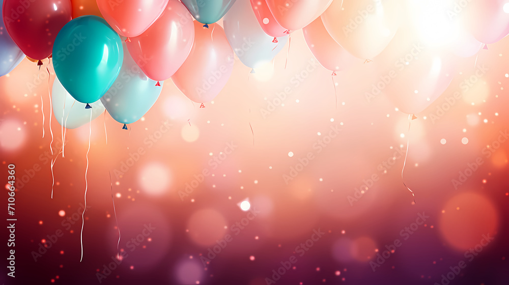 Obraz premium Holiday background with colorful balloons, confetti and ribbons. Holiday greeting card for birthday party, anniversary, New Year, Christmas or other events