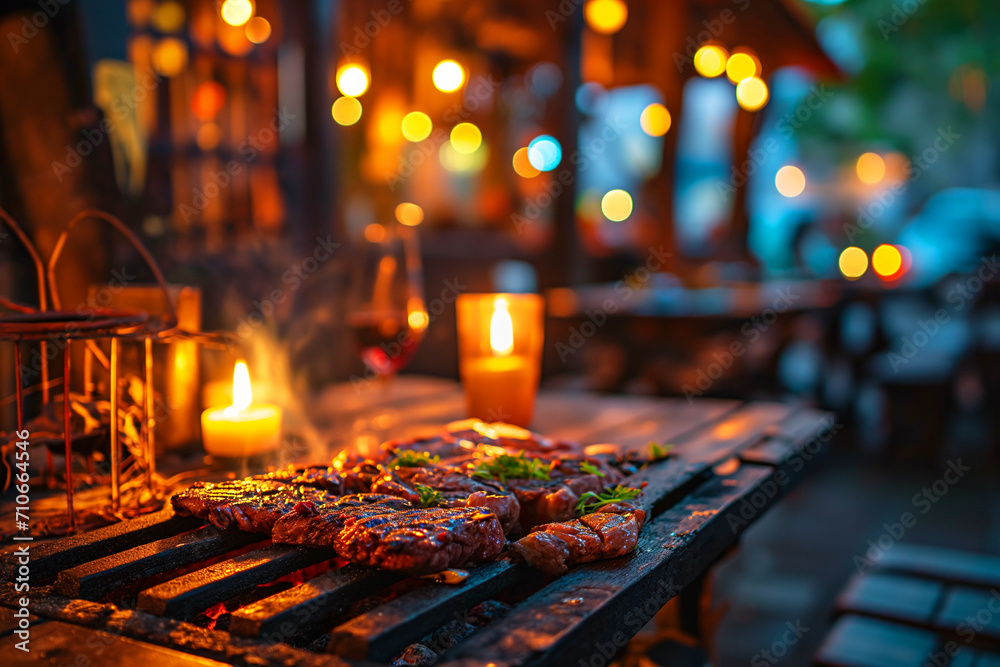 Steaks are grilling on an open fire with candles nearby. There's a glass of wine, and the background has a cozy, festive atmosphere with lights Steaks are grilling on an open fire with candles nearby. There's a glass of wine, and the background has a cozy, festive atmosphere with lights
