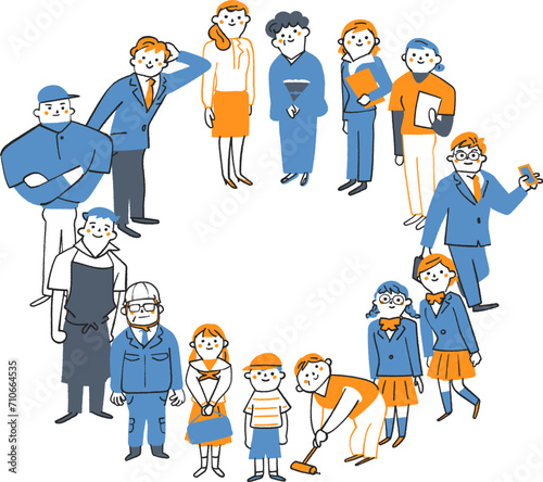 輪を描いて立つ小学生から中高年までの社会を支える市井の人々　イラスト素材
