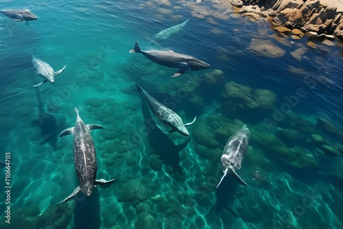 A breathtaking aerial shot of a pod of whales swimming in clear  turquoise waters.