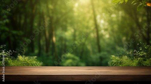 A wooden table sits amidst a lush green forest, providing a picturesque backdrop for product promotion