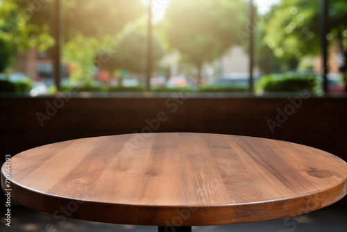 Round Wooden Presentation Table - Warm Walnut Finish with a Smooth Top, Set Against a Soft-Focus City Park Background, Perfect for Intimate Product Showcases or Casual Conversations
