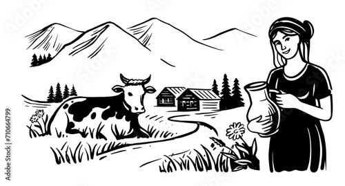 Cow with nature landscape vector hand drawn.