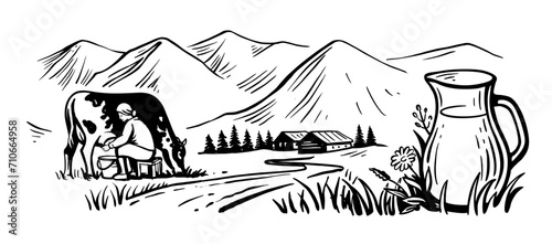 Cow and woman milking. Cattle concept sketch farmer