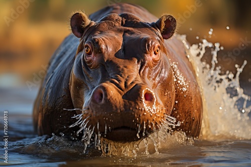 A hippopotamus is half in the water. © Niko_Dali