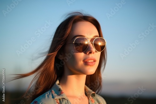 woman sunglasses portrait and face for skincare, wellness or health at sunset on a blue sky background
