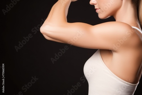 a cropped image of a beautiful young woman flexing her muscles