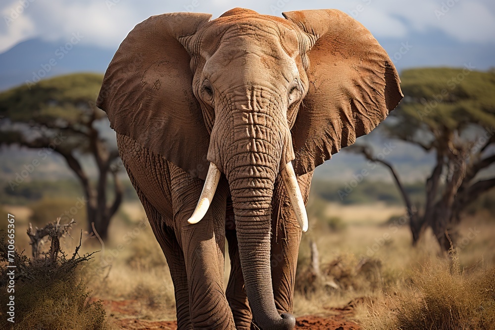 A large elephant with white tusks in the wild savannah.