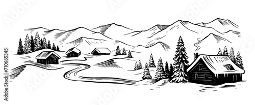 Winter landscape sketch. Wood cabin landscape