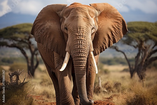 A large elephant with white tusks in the wild savannah. © Niko_Dali