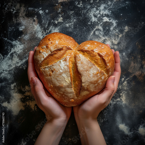 ladies hands holding heart shaped bread 