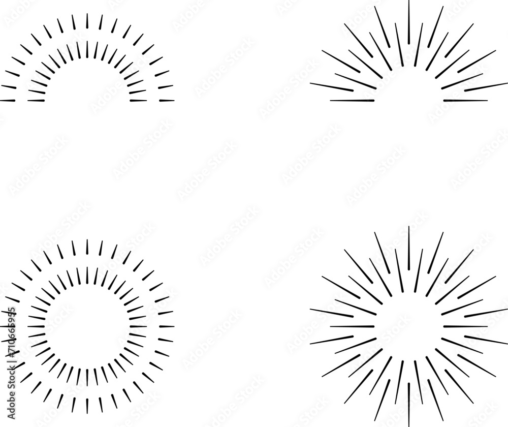 Vintage sunburst set. Bursting rays sunrise firework starburst blast, Radiant Spark. Rays. Geometric Design Elements. Retro radiant sunburst, starburst hand drawn label, sun rays. Vector