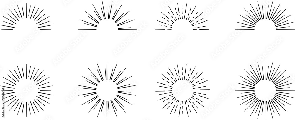 Vintage sunburst set. Bursting rays sunrise firework starburst blast, Radiant Spark. Rays. Geometric Design Elements. Retro radiant sunburst, starburst hand drawn label, sun rays. Vector