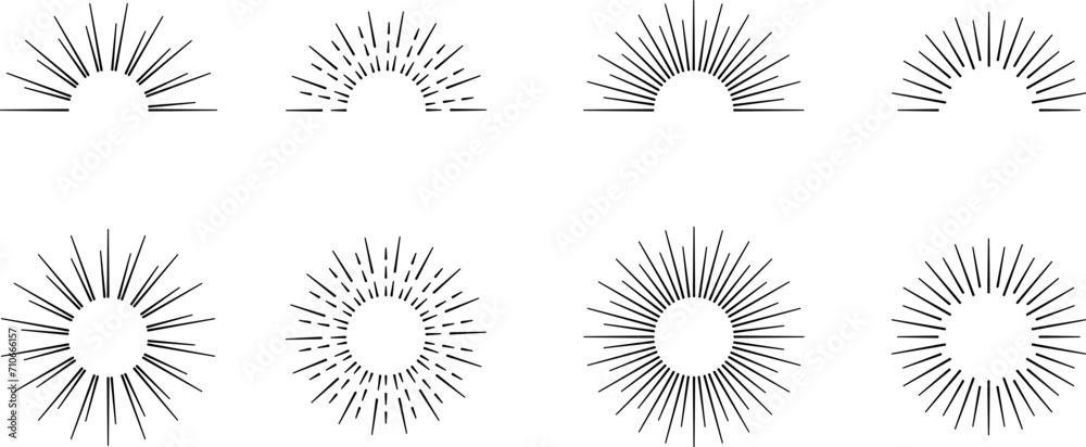 Vintage sunburst set. Bursting rays sunrise firework starburst blast, Radiant Spark. Rays. Geometric Design Elements. Retro radiant sunburst, starburst hand drawn label, sun rays. Vector