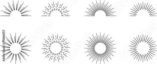 Vintage sunburst set. Bursting rays sunrise firework starburst blast, Radiant Spark. Rays. Geometric Design Elements. Retro radiant sunburst, starburst hand drawn label, sun rays. Vector