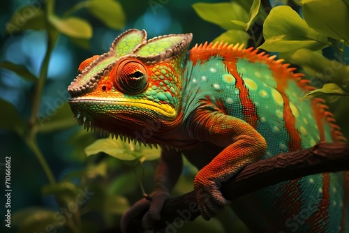 A close-up of a vibrant chameleon blending seamlessly into its lush, green habitat.