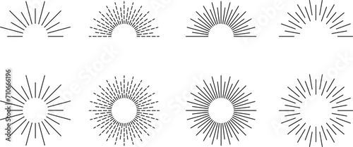 Vintage sunburst set. Bursting rays sunrise firework starburst blast, Radiant Spark. Rays. Geometric Design Elements. Retro radiant sunburst, starburst hand drawn label, sun rays. Vector