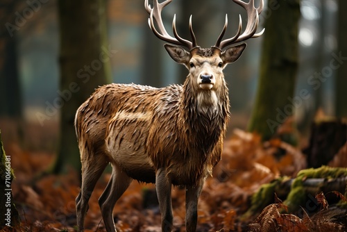 A big deer is standing in the middle of the forest.