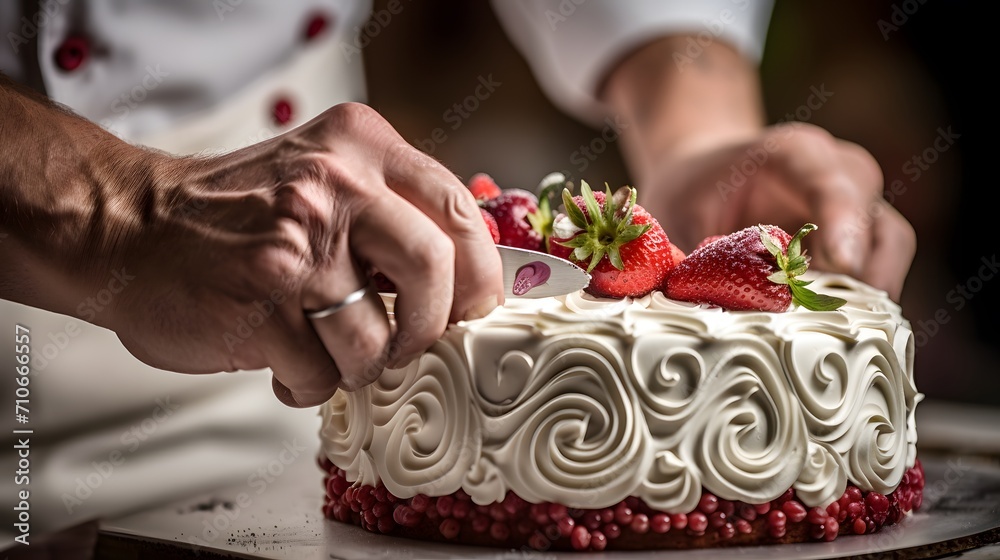 Close-up on the hands of the pastry chef decorating a cake before serving.
Close-up on the hands of the pastry chef decorating a cake before serving.