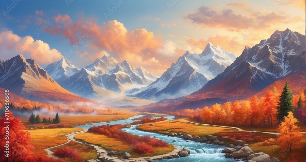 An image of a mountain valley ablaze with the colors of autumn, with vibrant foliage, winding trails, and a clear mountain stream meandering through the landscape - Generative AI
