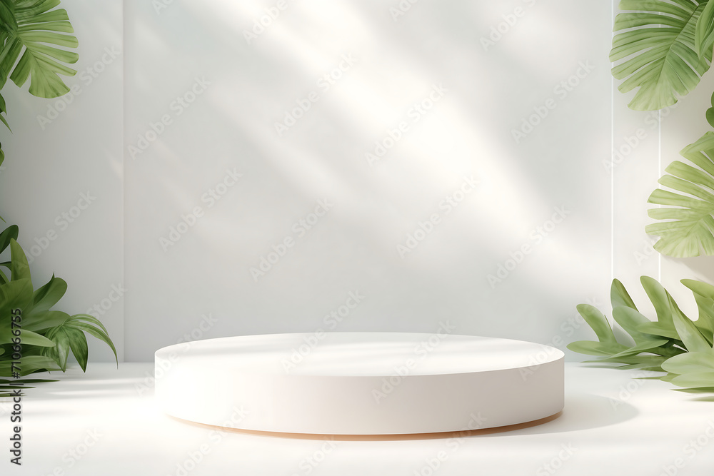 podium and minimal white product display with tropical leaves shadow. podium and minimal white product display with tropical leaves shadow.