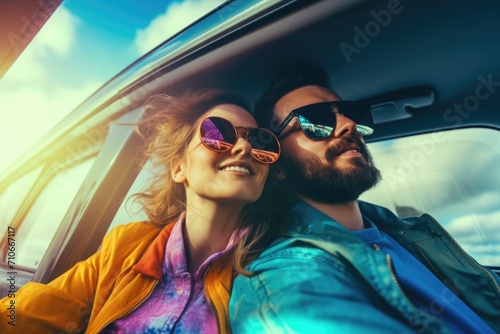 Very happy love couple travel in car
