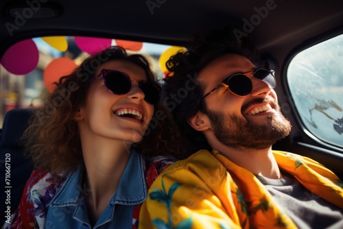  happy love couple travel in car, Holi festival © YamunaART