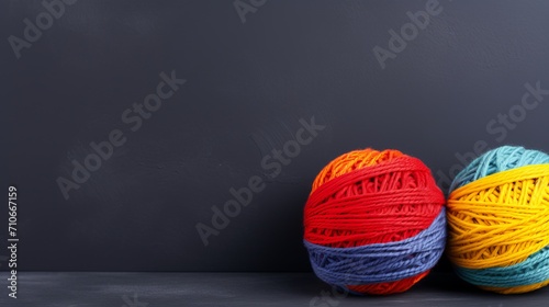 Colorful wool yarn balls on gray background with copy space for text design or advertising concept.
