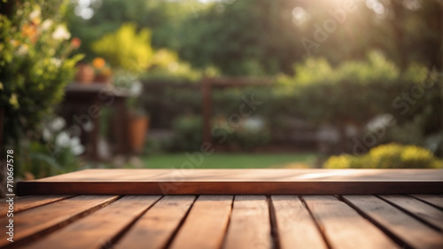 Empty wooden table for product display montages in the park with nature background ,photo for product display montage, high quality photo 