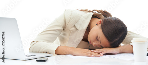 Businesswoman  laptop and sleep at desk for work as sales consultant for deadline fail  burnout or tired. Female person  paperwork and overtime fatigue employee for stress  studio or white background