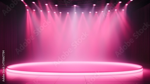 Empty stage light background with spotlight illuminated stage for concert or modern dance. Stage with pastel color decoration. Entertainment show. Night club stage with pink neon light. 
