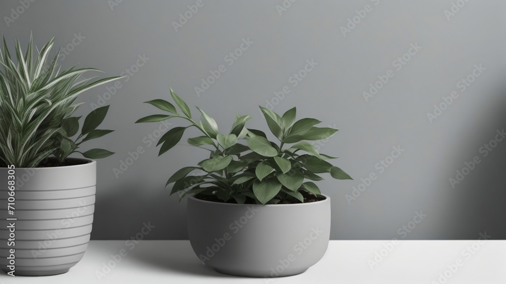 Light and shadow of ornamental plants in a vase on a gray background.