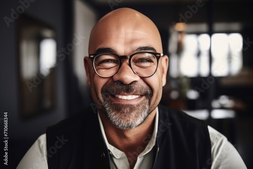cropped portrait of a happy man wearing glasses and standing in his office
