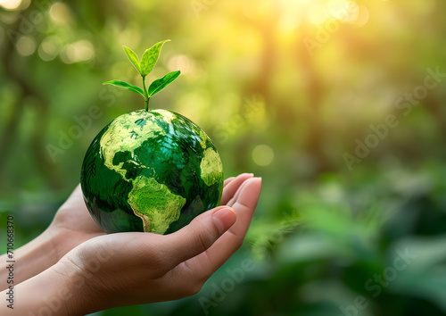 Hand holding a globe with trees Rich natural area There is sunlight shining in the morning Generative AI