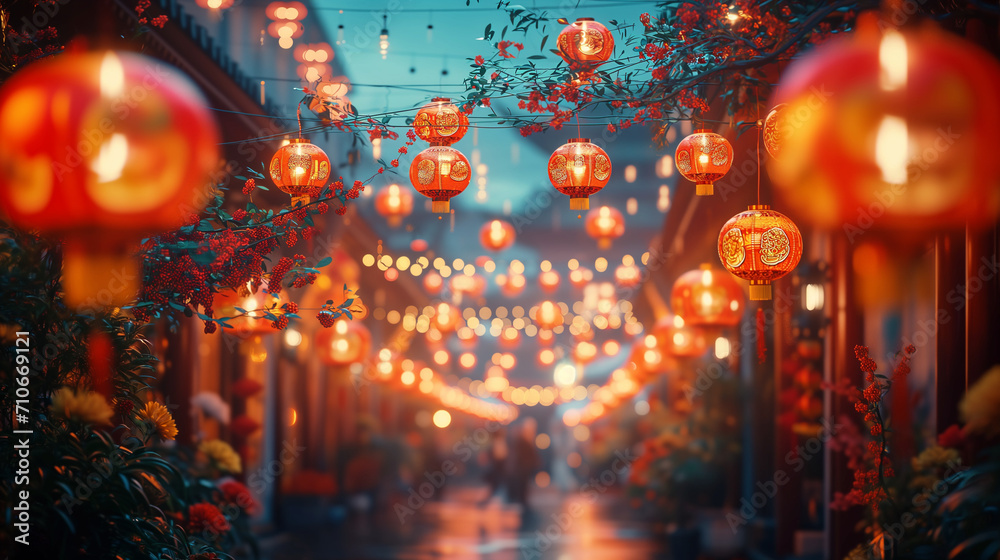 Chinatown lantern hanging at small street, 3d rendering illustration background for happy chinese new year 2024 the dragon zodiac sign with red and gold color, flower, lantern, and asian elements. Chinatown lantern hanging at small street, 3d rendering illustration background for happy chinese new year 2024 the dragon zodiac sign with red and gold color, flower, lantern, and asian elements.