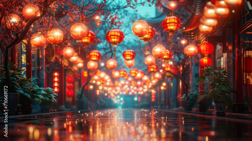 Chinatown lantern hanging at small street  3d rendering illustration background for happy chinese new year 2024 the dragon zodiac sign with red and gold color  flower  lantern  and asian elements.