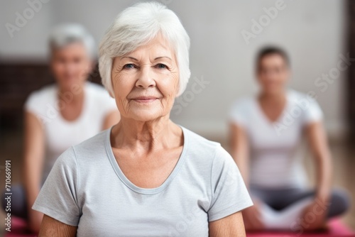 portrait of a senior woman in lotus pose during her yoga class