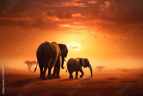 A family of elephants trekking across the dusty plains  their silhouettes against the twilight sky.