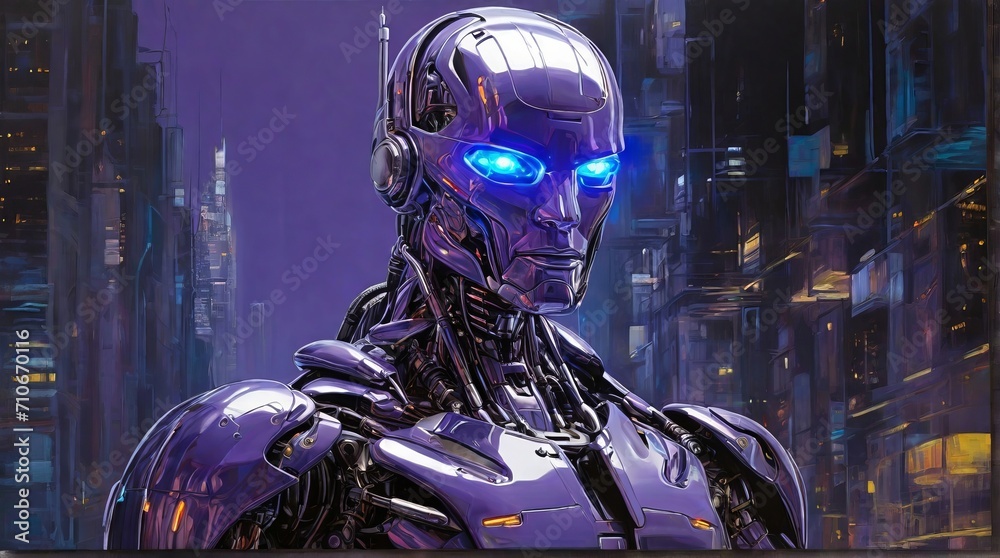futuristic robot with blue eyes in cyberpunk cityscape